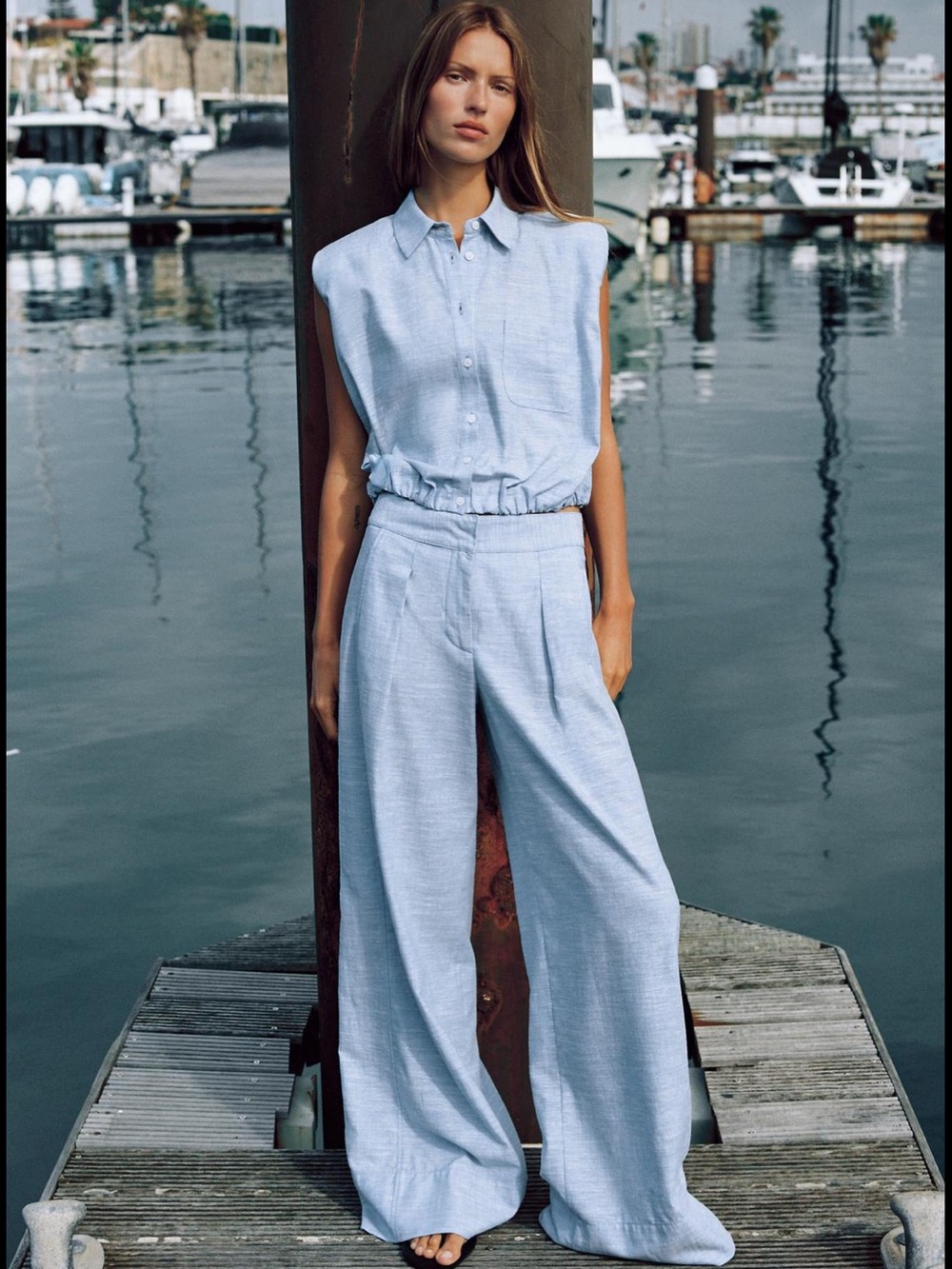 Zara Light Blue Wide-Leg Linen-Blend Trousers
